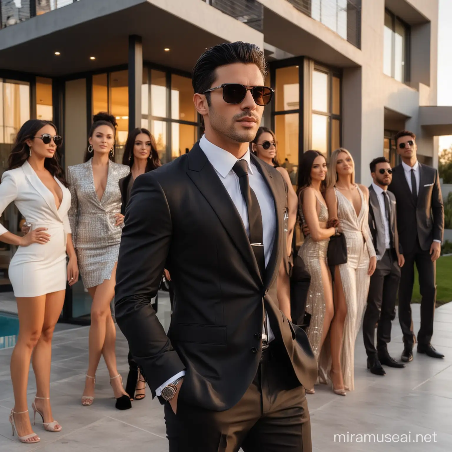 Handsome man wearing elegant suit and black sunglasses with black hair and stubble, next to a group of sexy women at a modern house with sunset sideways photos