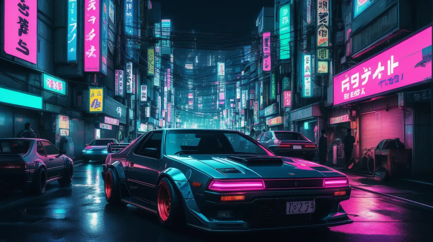 tokio in a cyberpunk future. it is night time, the neon lights shine. in the foreground we see the front of a car suitable for street races and fights