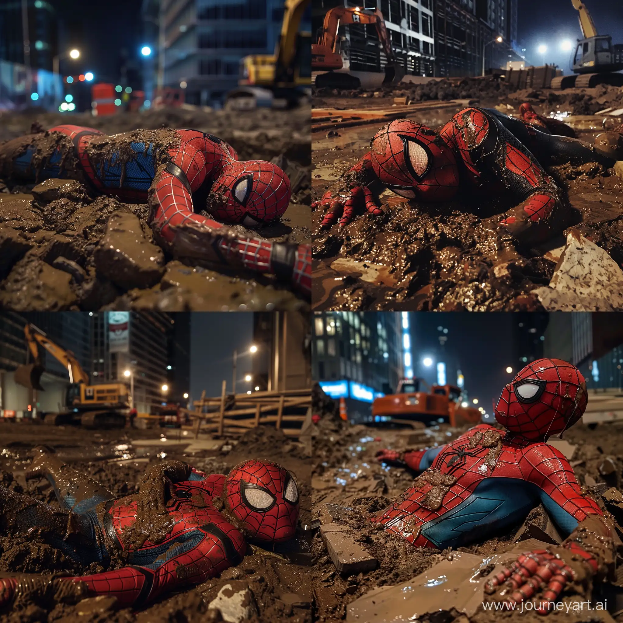 spiderman passed out covered in mud at a construction site at night