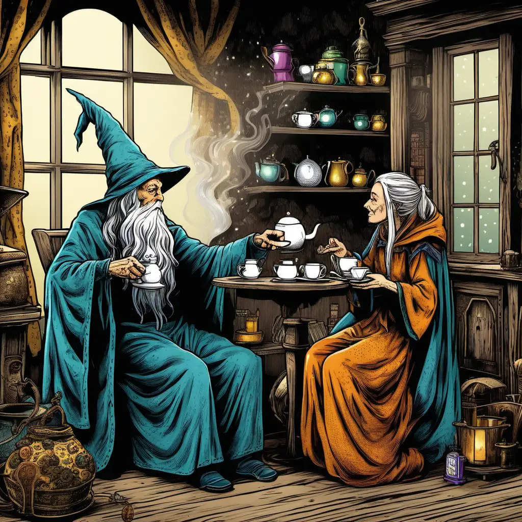 Enchanting Tea Time Old Wizard and Woman in Cozy Dwelling