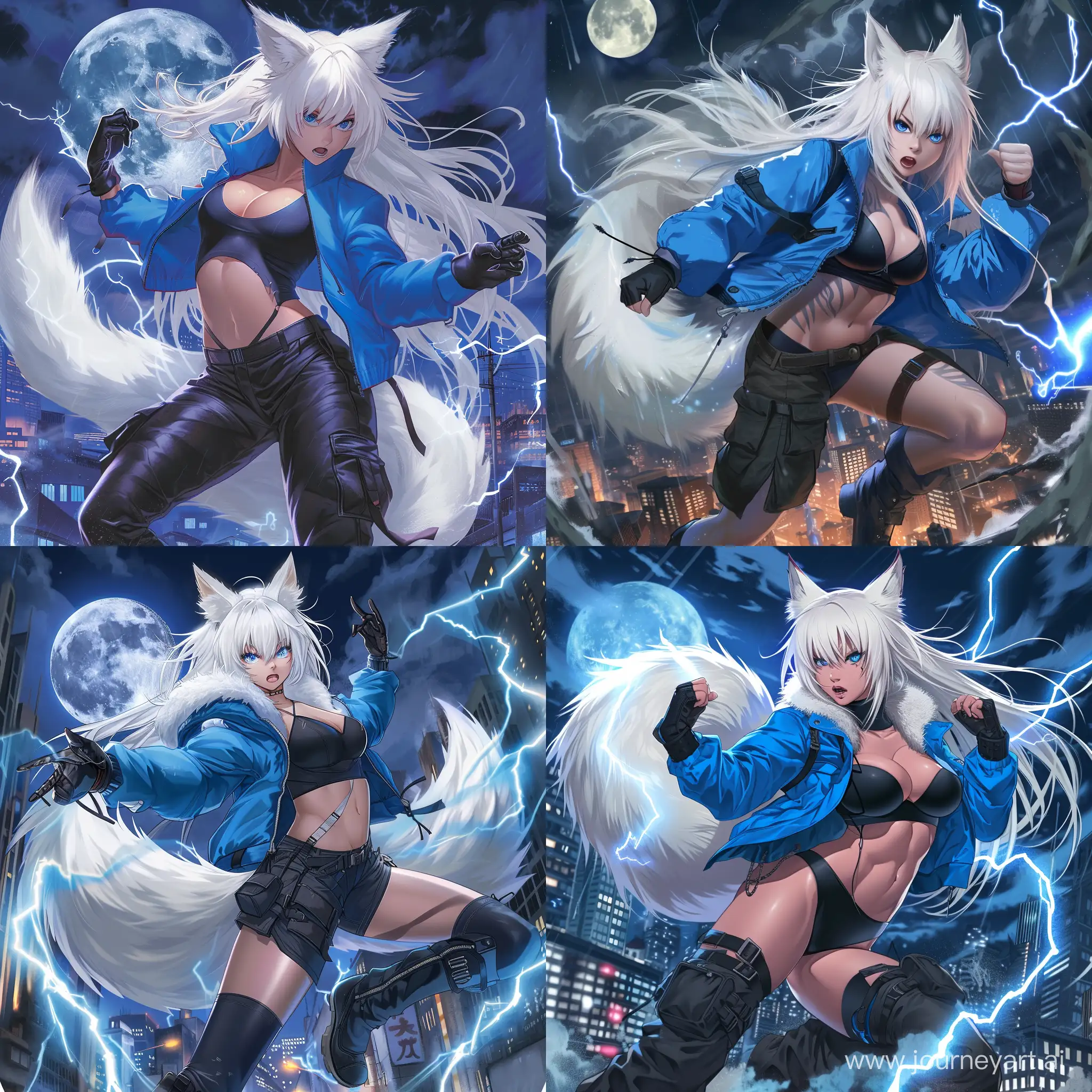 anime-style, full body, athletic, muscular, tan skin, adult, asian woman, long white hair, white fox ears, white fox tail attached to her waist, fierce blue eyes, blue jacket, black leotard, long baggy black cargo pants, black boots, fingerless black leather gloves, dynamic pose, city, night, full moon, fur collar, using lightning magic