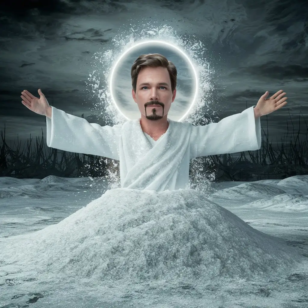 Ryan with short brown hair and a goatee, rising from the dead like Jesus, salt 