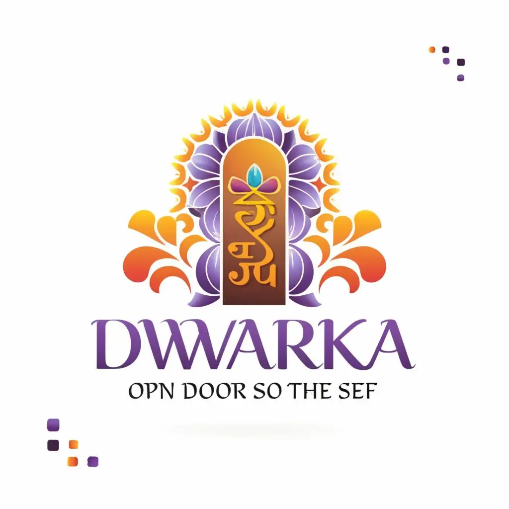 a logo design,with the text "Dwarka Open Doors to The SELF", main symbol:Door heaven purple pastel gold chakra,Moderate,clear background
