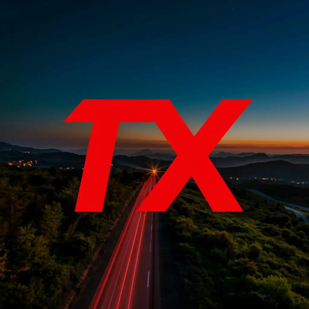 a logo design,with the text "TX", main symbol:Super car logo with the slogan "Enhance the basic!", the background is realistic has a road with trees and a beautiful view. The main colors should be red and black,Minimalistic,be used in Automotive industry,clear background