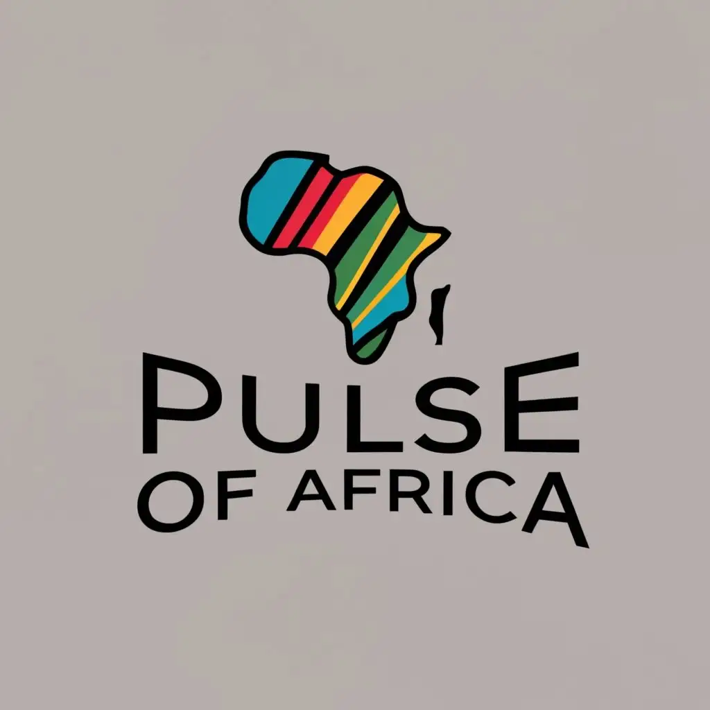 logo, incorporating a symbol that represents Africa's diversity and progress, such as a stylized map of Africa, a globe with Africa highlighted, or an abstract design inspired by African art. A rising sun or a forward arrow can signify growth and advancement, with the text "Pulse of Africa", typography