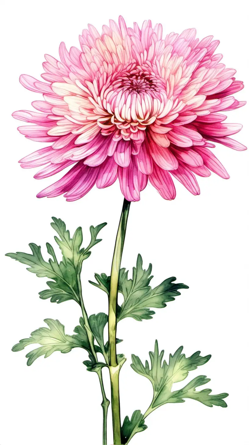 pink single Chrysanthemum flower with long stem in white background in watercolor pseudo style, leaning to the left, vibrant 