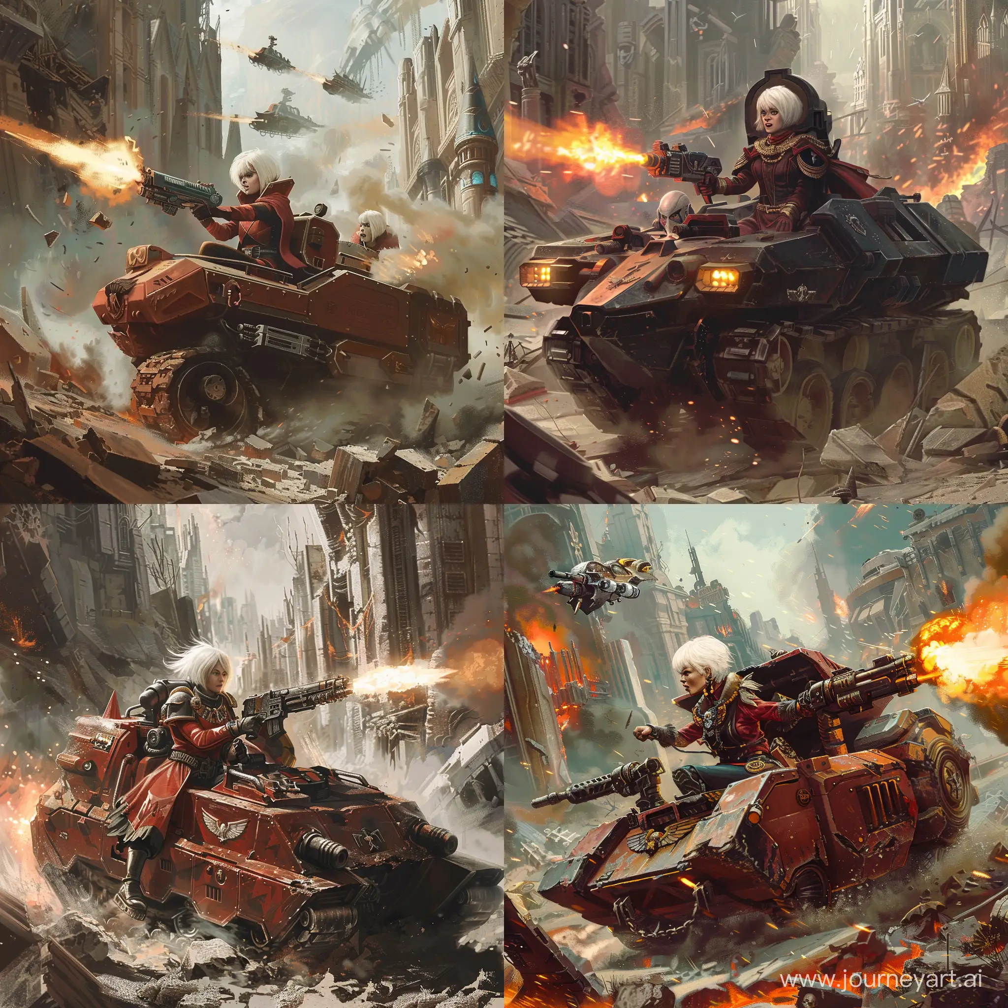 short white-haired Adepta Sororitas riding in Rhino armoured carrier through the rubble firing from its hatch with a heavy flamer, damaged science fiction city in the background