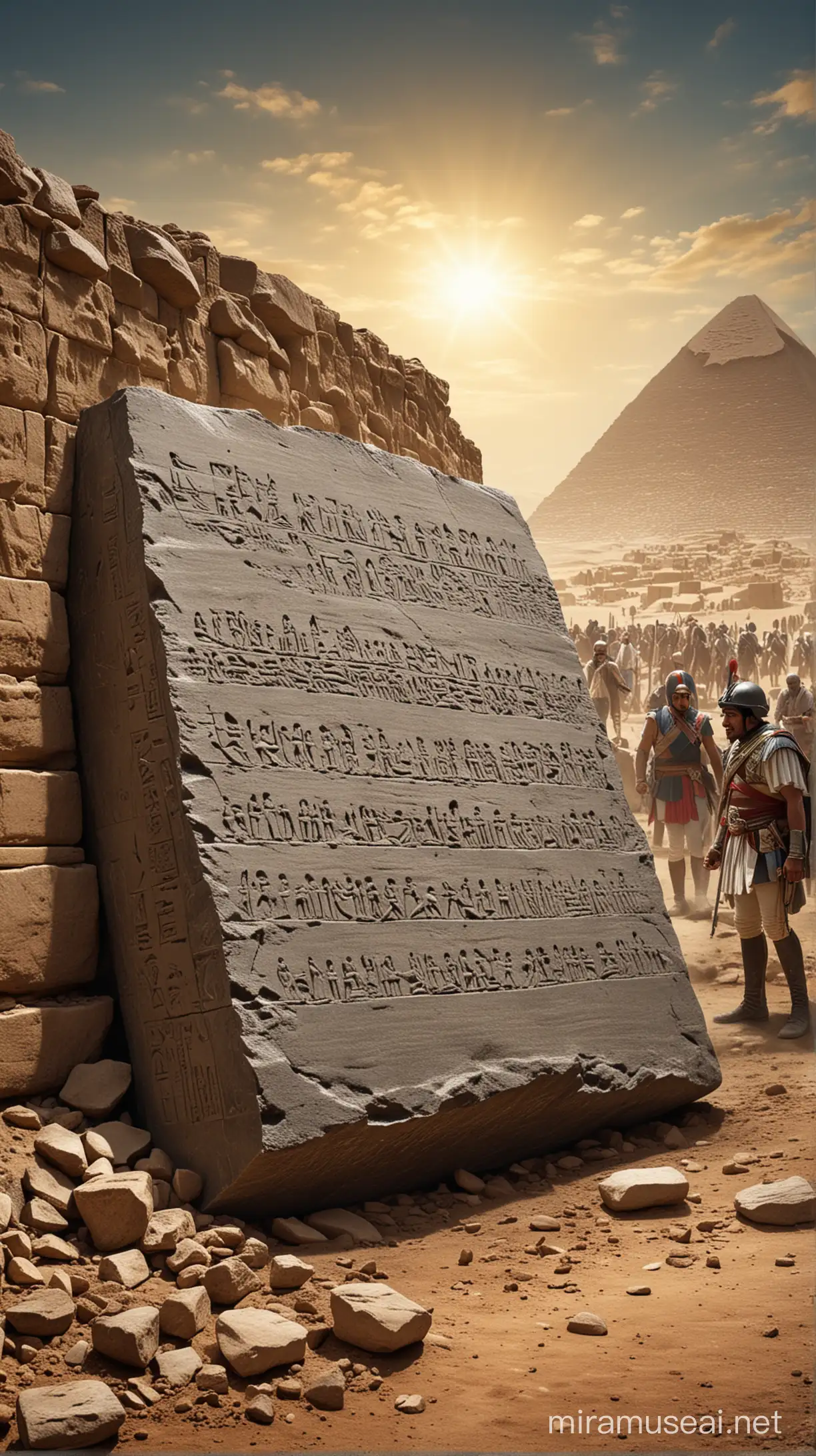 I would like a depiction of the moment when Napoleon's soldiers discovered the Rosetta Stone in Egypt in 1799. The scene could be set in the ancient streets of Egypt, with soldiers excavating the stone. In the background, Napoleon's army can be seen, while in the foreground, a group of soldiers and their leaders eagerly examine the stone. As a prominent feature, a stone, unmistakably a part of the Rosetta Stone, rises into the sky, evoking a sense of mystery and discovery.

