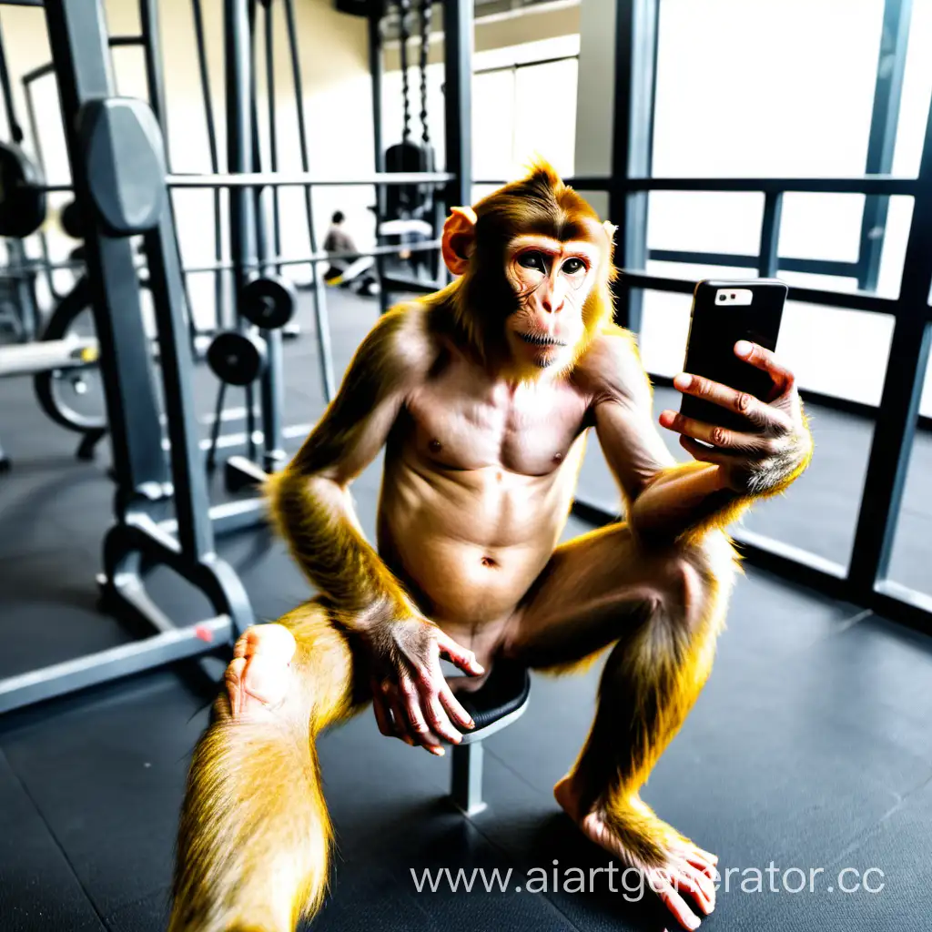 A monkey in the gym, takes a selfie in one hand, Sitting on a bench, foot on foot, in the earphone, only one phone