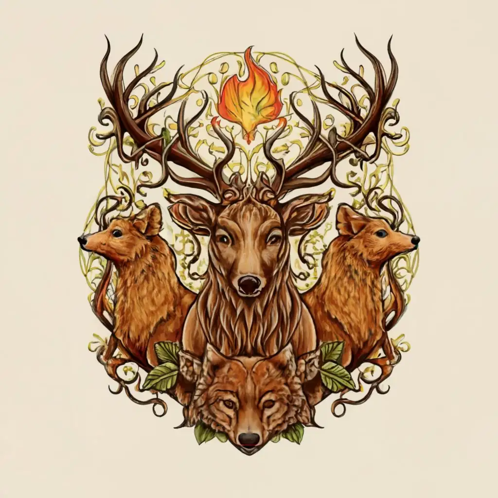 a logo design,with the text ".", main symbol:Deer with antlers
Fiery fox
Wild wolf
Brown bear
Wild forest
,Сложный,be used in Животные и домашние питомцы industry,clear background