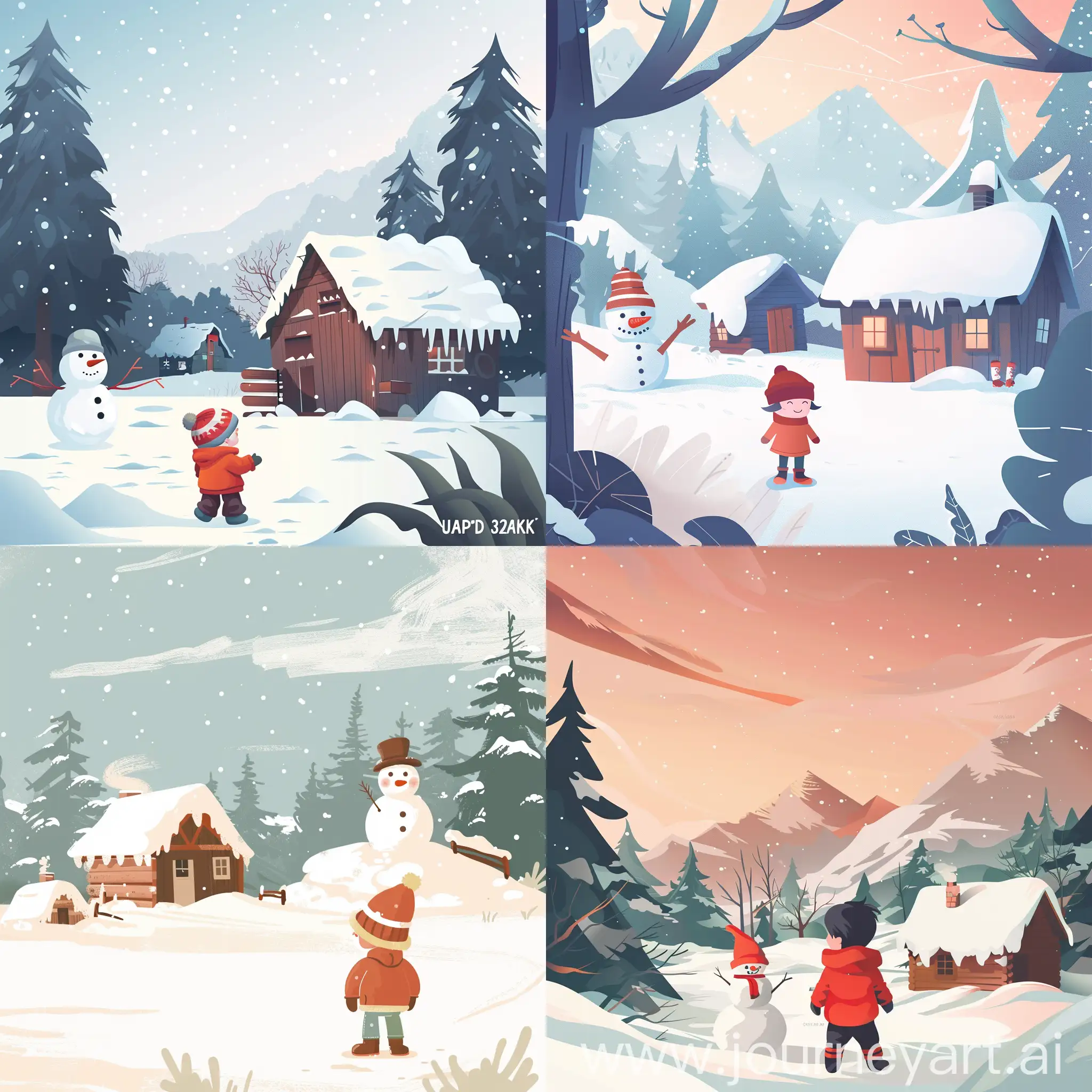 a minimalist surreal illustration of a child character in january with a snowman and a hut covered in snow in the background, in vector style, Ultra HD 32K, 