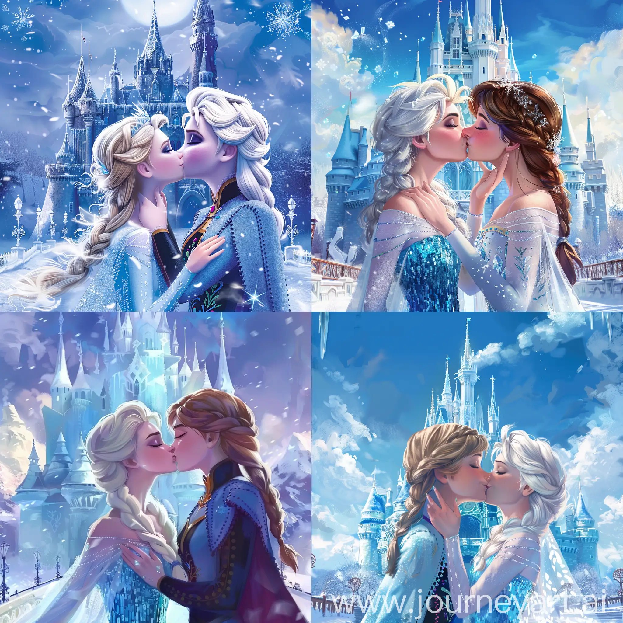 princess Elsa fais un bisous à Princesse White Snow devant un Château de glace