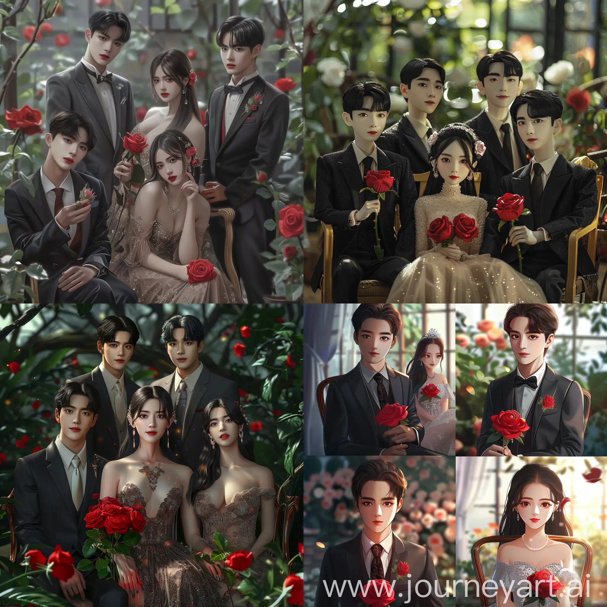 , kpop idol face, four people, couple, three men and one woman, cartoon characters wearing suits, wearing gorgeous dresses holding red roses, sitting on chairs, black hair, delicate facial features, fine black Eyes, dark red lips, pure white face, glowing face, in the garden, noble and charming bright, ambiguous, facing the camera, volume light, ultra-high definition, whole body, ambiguous atmosphere,