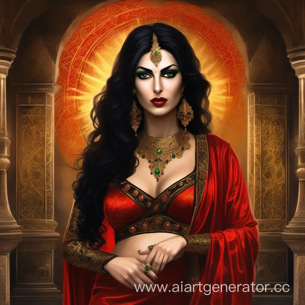 Sensual-Persian-Empress-Portrait-in-Red-Sari-Amidst-Medieval-Palace-Ambiance