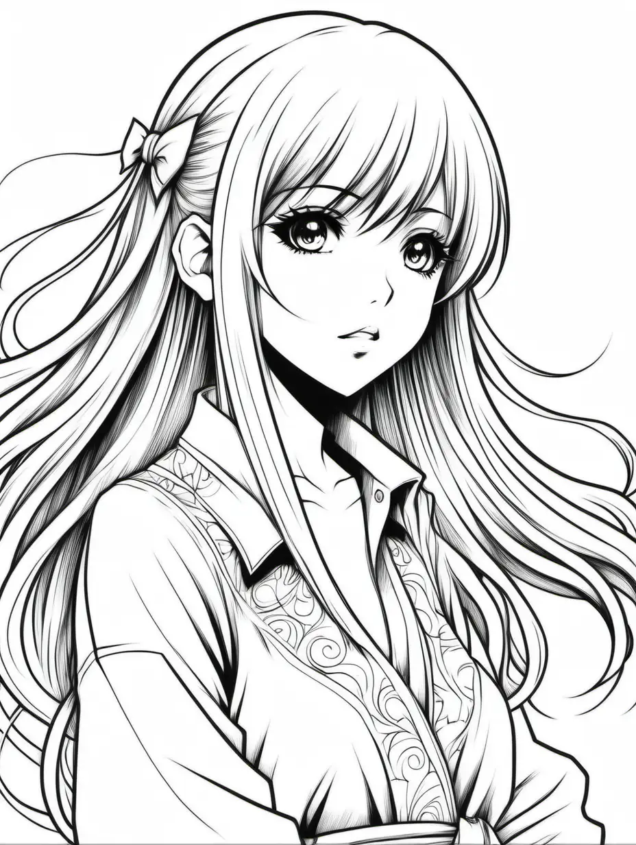 Relaxing Adult Coloring Page Featuring a Young Manga Anime Girl on White Background