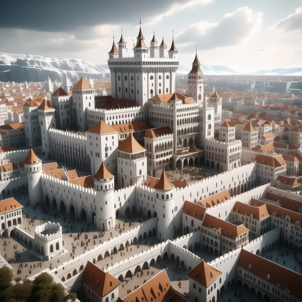 Ciudad medieval blanca con un palacio enorme en medio y una torre blanca de vigías gigantesca
