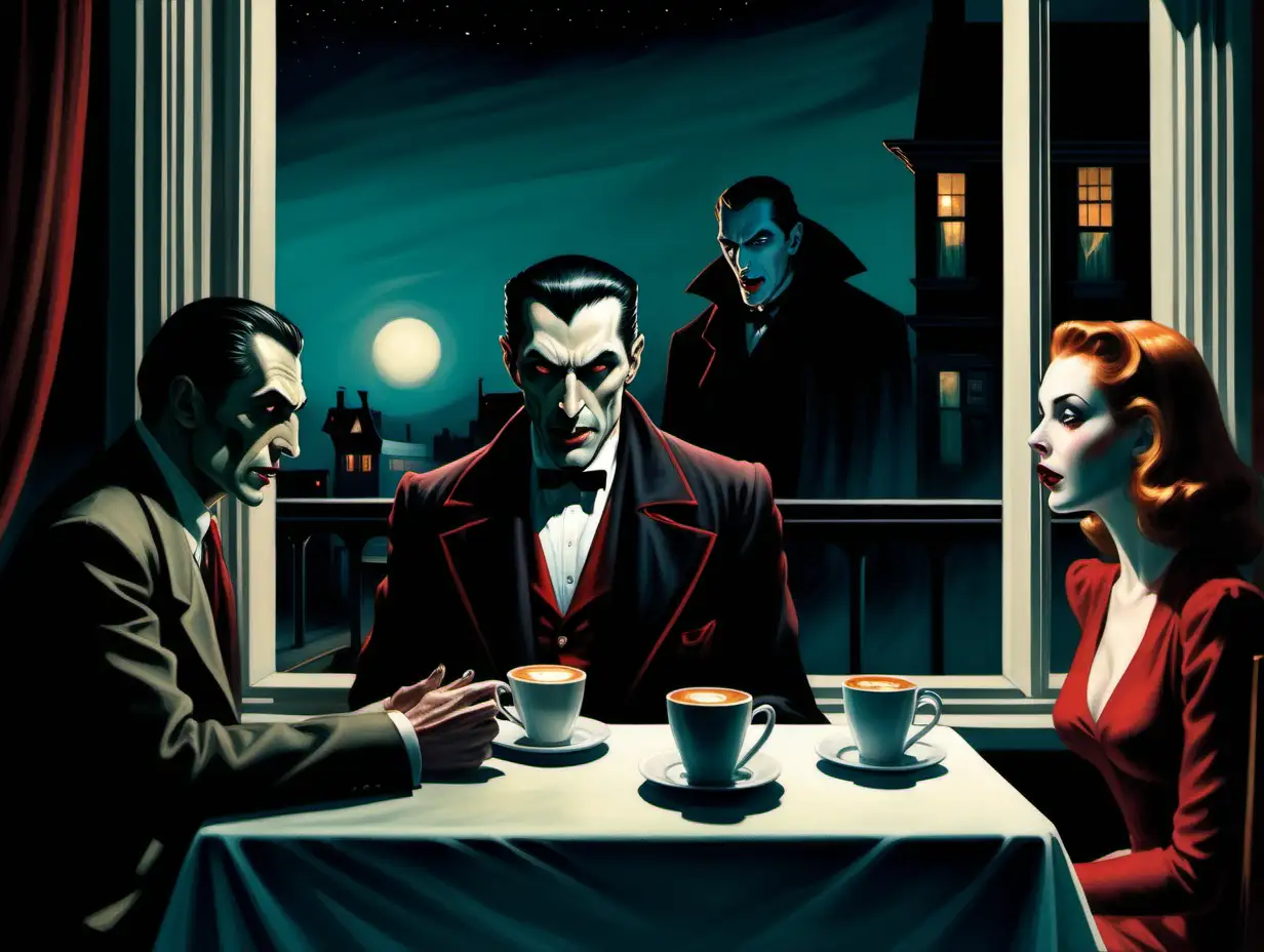 Dracula looking through a window watching a man and a woman having coffee at a diner at night Edward Hopper style
