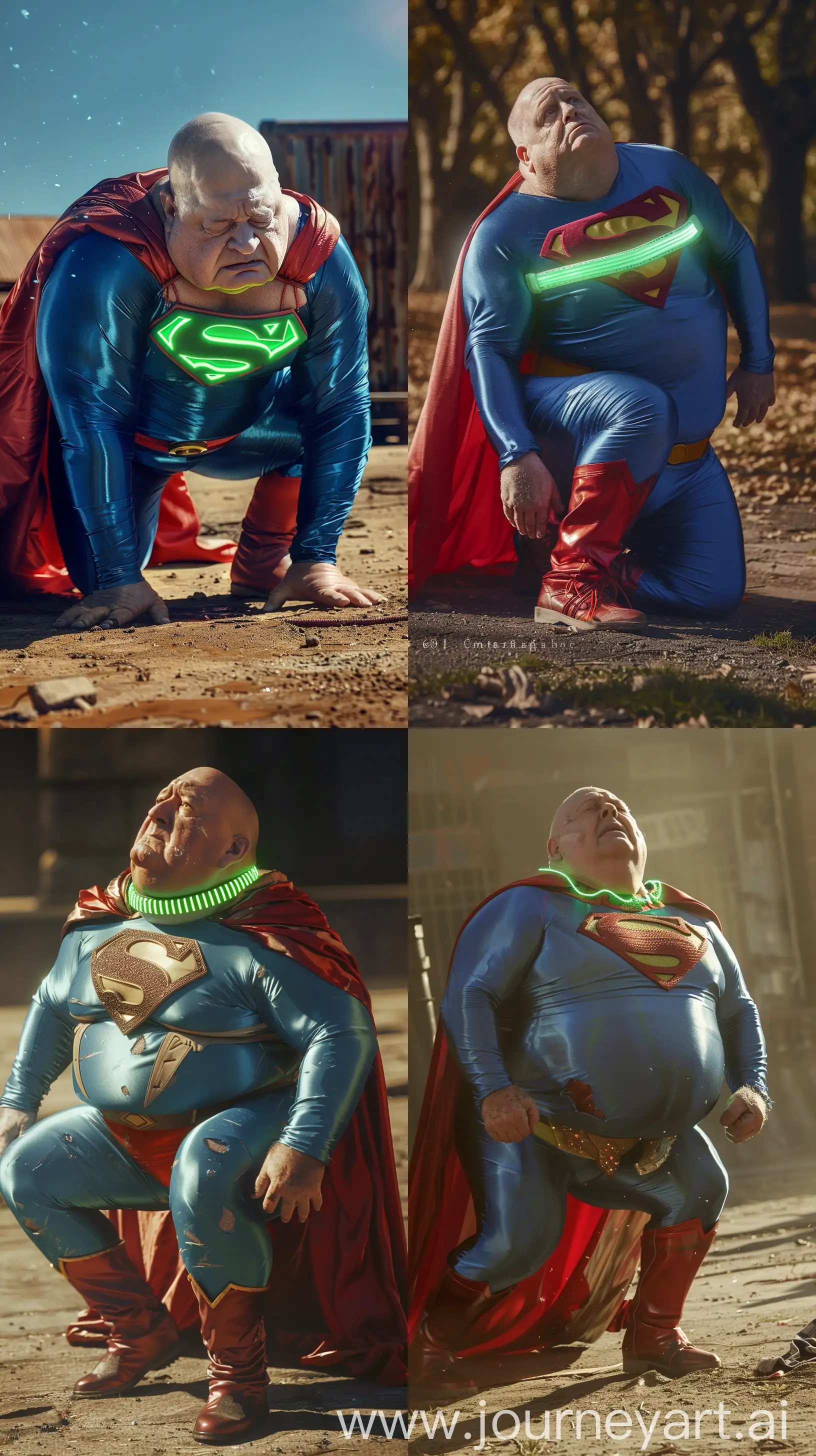 Close-up full body photo of a fat man aged 60 wearing silk blue superman tight costume with a large red cape, red boots and a tight green glowing neon dog collar. Falling on his knees on the ground looking at the sky. He looks very weak and tired. Outside. Bald. Clean Shaven. Natural light. --ar 9:16