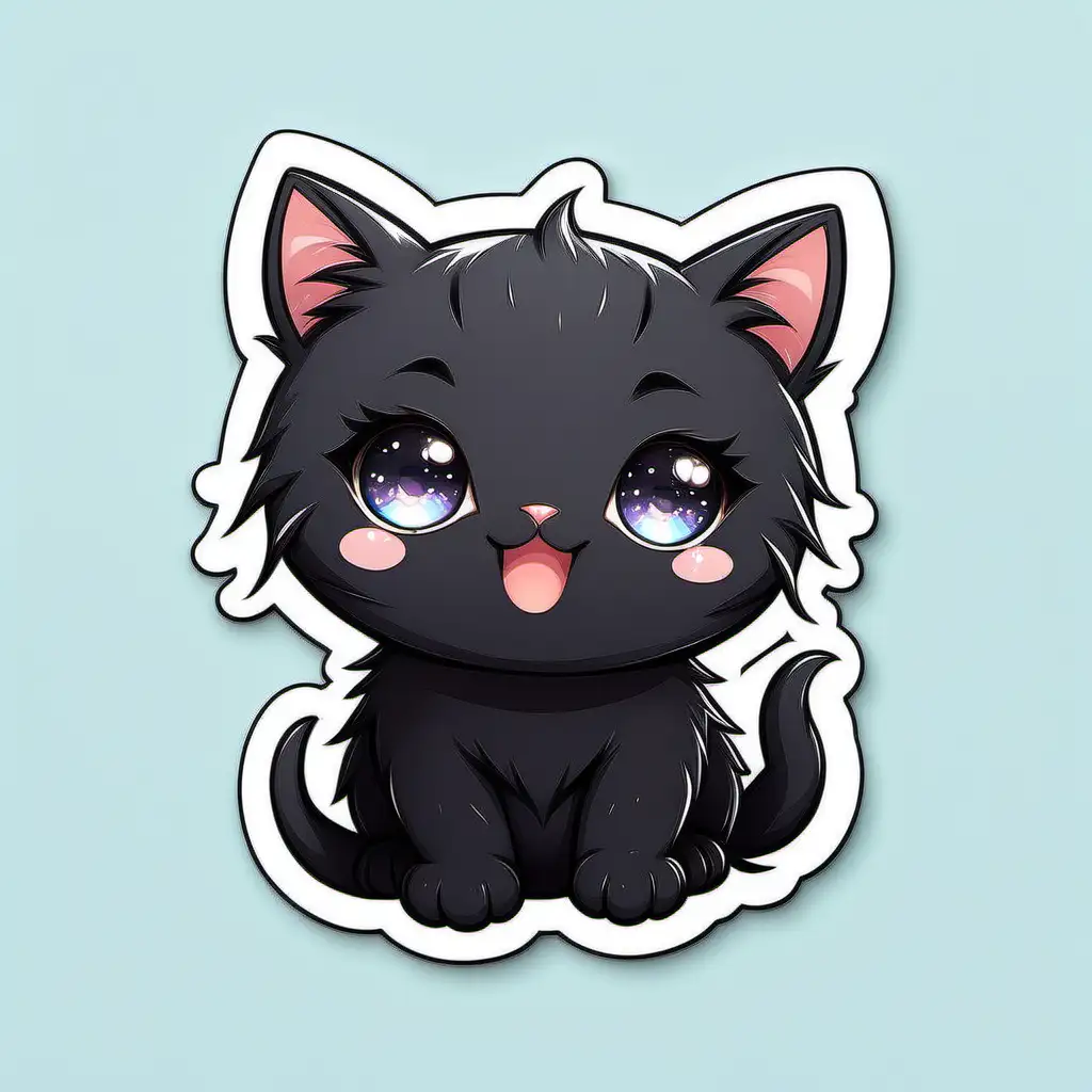 Adorable Kawaii Black Kitten Sticker on a Playful White Background