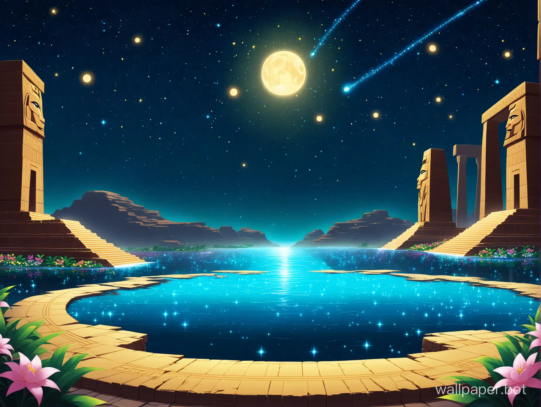 fighting game stage, floor level, mystic battleplain of the gods, karkat at night, ancient giant egypt ruins under a constellation sky with the floor slowly bathed by the nile waters and flowers