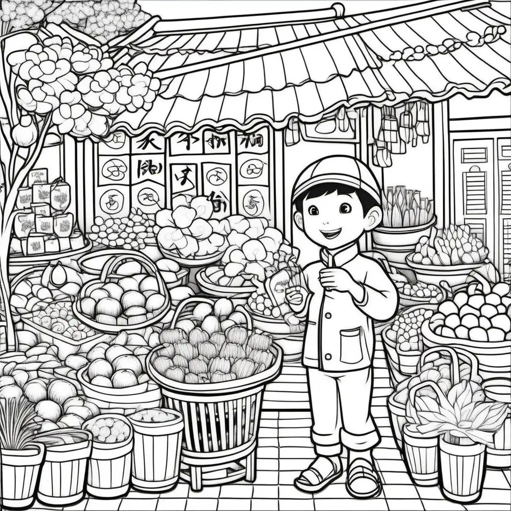 Lunar New Year Flower Market Coloring Page for Kids