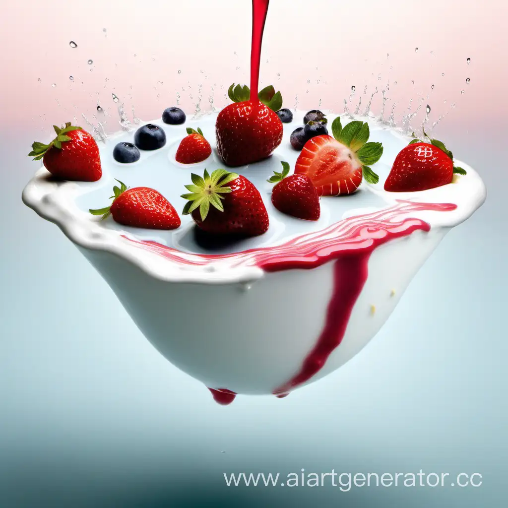 yogurt waterfall with strawberries and other fruits falling into a small yoghurt lake