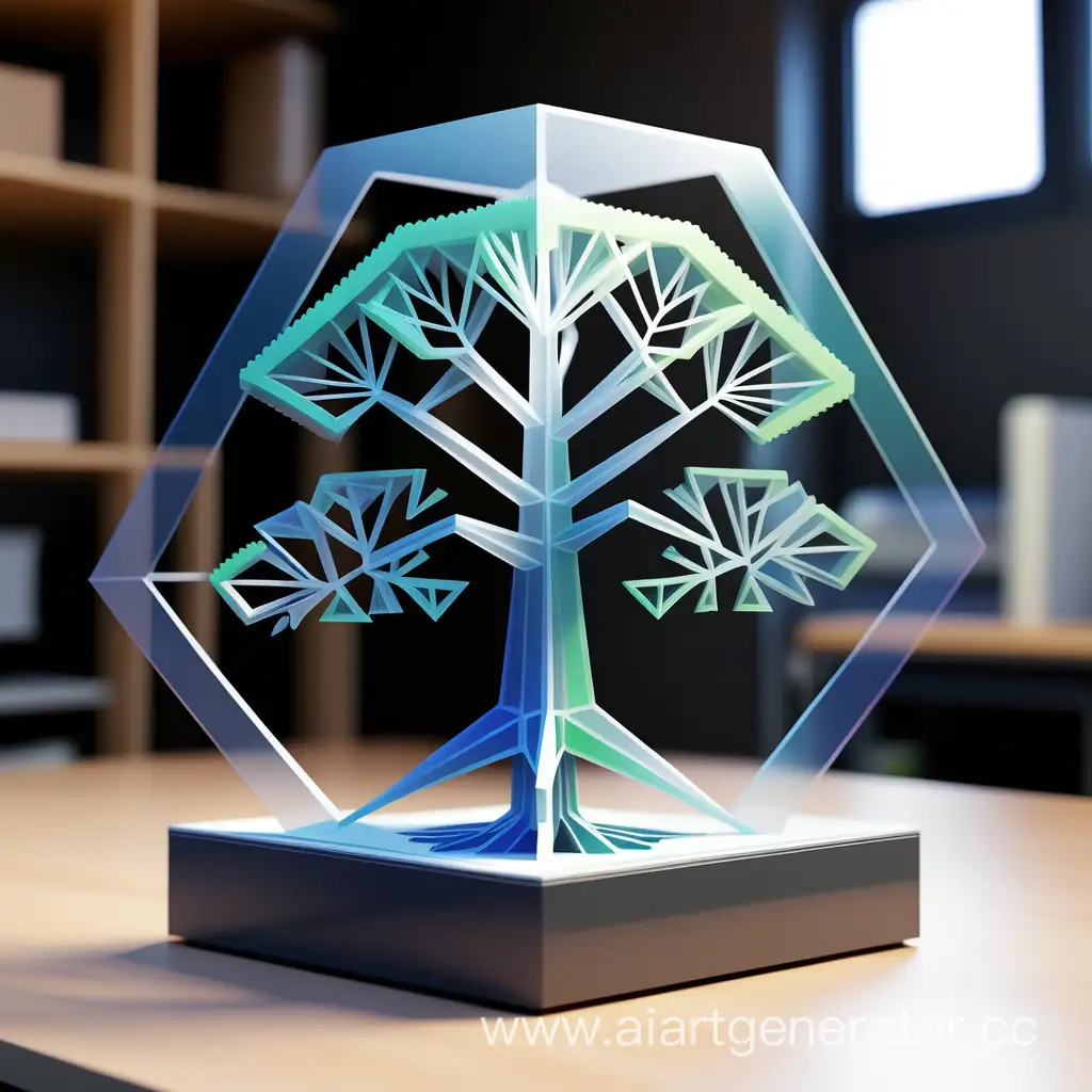 логотип для студии аддитивных технологий в виде геометрического прозрачного дерева на 3д принтере