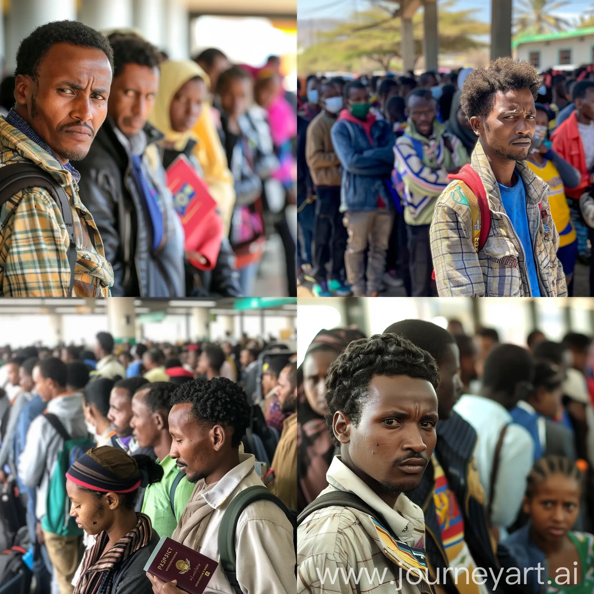 Generate me a image of people from Ethiopia that are in queue waiting in immigration to renew their passport