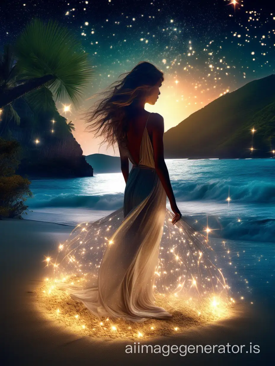 a beautiful woman gathering glowing stars scattered on the shore, tropical night, glittery ocean, post-processing, photo filter, silk, color correction, surreal, hyperrealism, perfect anatomy, mysterious, tenderness, light trail, metamorphosis, ultra digital painting, aesthetically, stylishly, beautifully, high resolution, ultra-detailing, fine details raw, 8k, UHD, HD Blu-ray, HDR, high resolution, high detailing