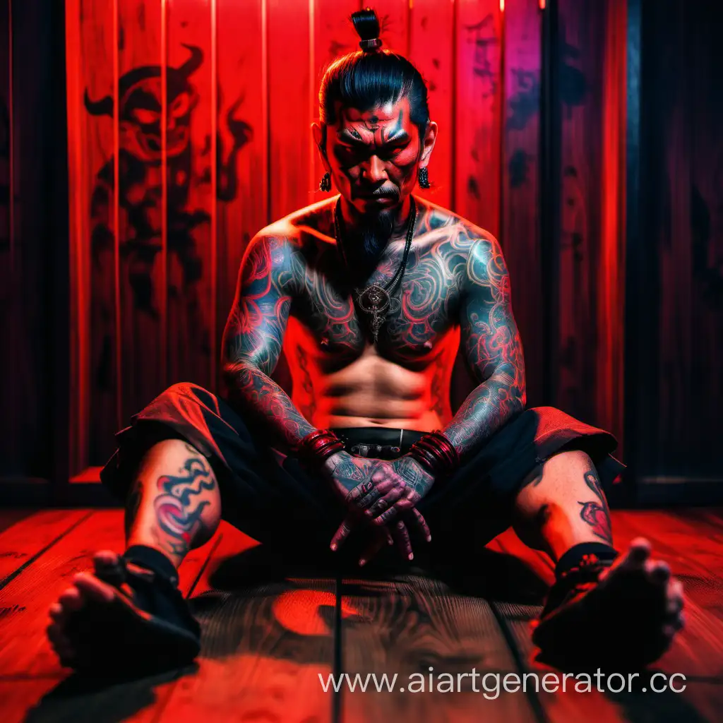 Самурай - дьявол, с человеческим лицом, татуировками на руках, сидит на деревянном полу. Красный неоновый свет на фоне.