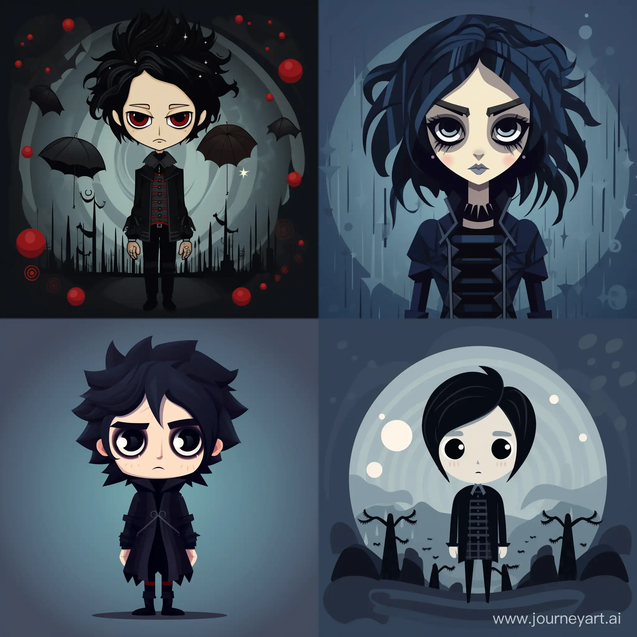 Anime character in the style of Tim Burton, 2d, flat design