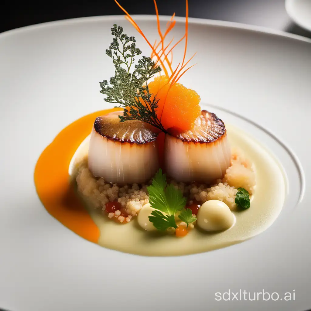 starter scallops with Quinoa and white sauce View Drop of Green Oil and Carrots Purée and orange jelly Three Michelin stars Restaurant