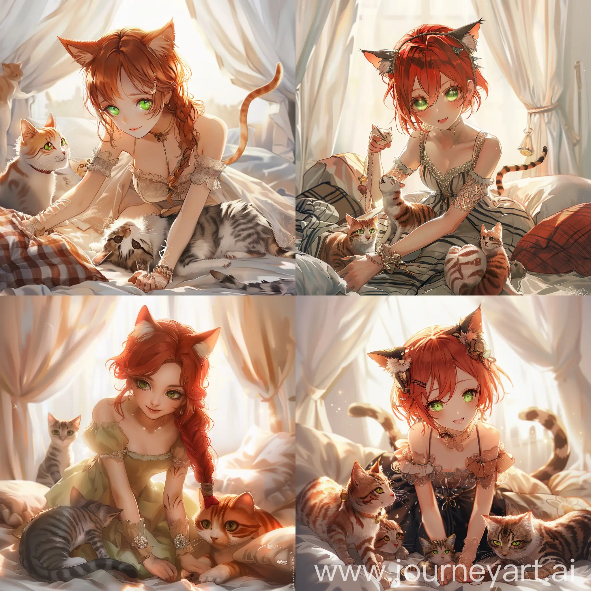 Adorable-RedHaired-Girl-with-Cat-Ears-and-Tail-Playing-Amongst-Cats