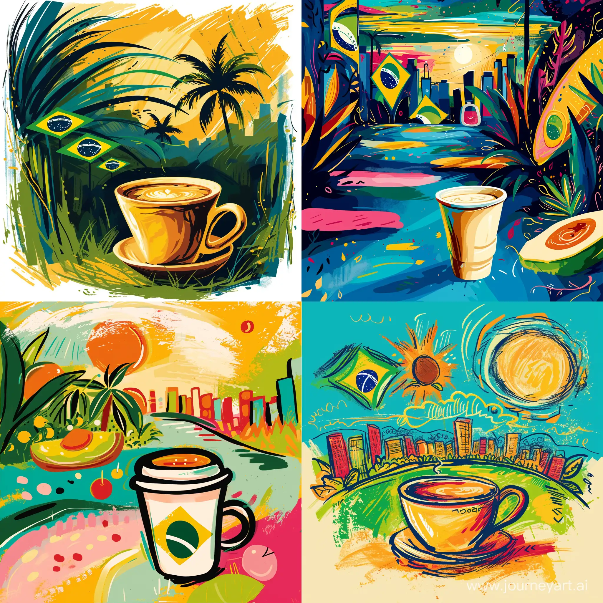 яркая и сочная иллюстрация нарисованная кистями в  Photoshop из символов Бразилии и чашки с кофе на переднем плане в стиле абстракция