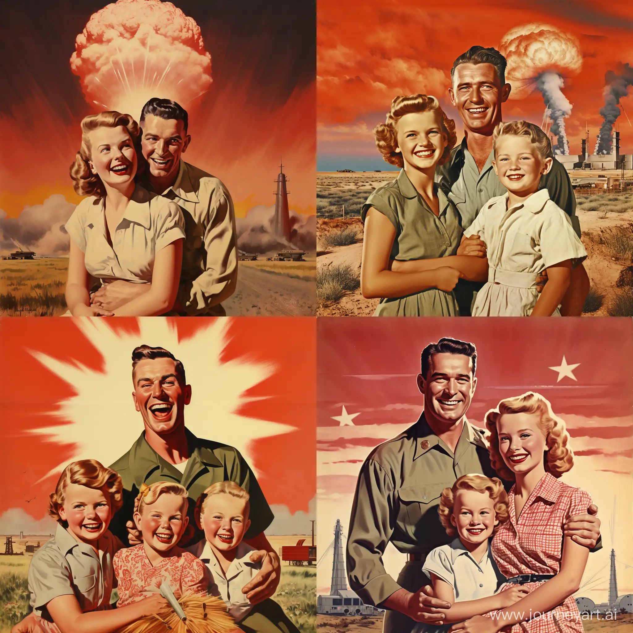 1940s nuclear family, smiling at camera, wasteland background, American world war 2 propaganda art style