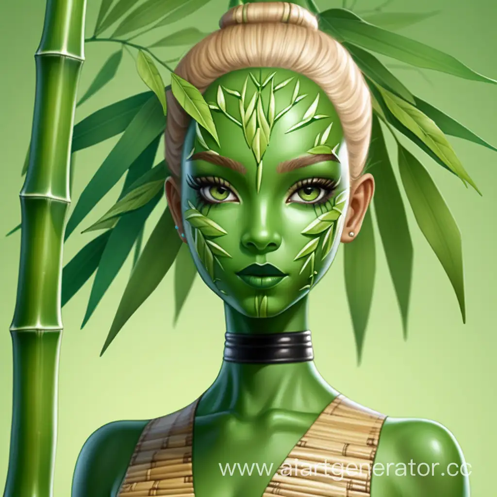 Хуманизация бамбука в латексную девушку с деревянной зеленой бамбуковой кожей с зеленым летексным лицом с листьями вместо волос