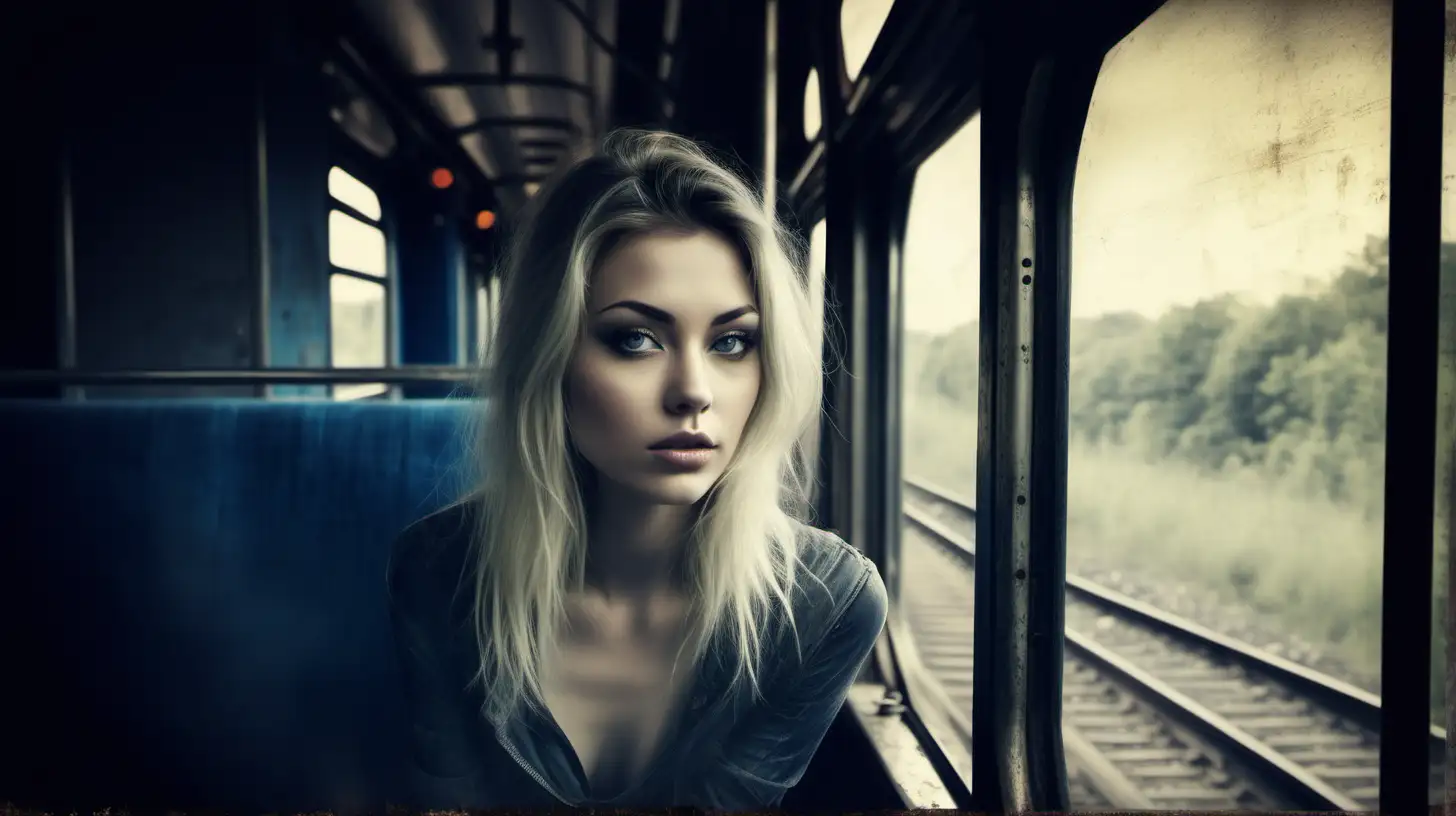 Elegant Woman Gazing Through Grungy Train Window