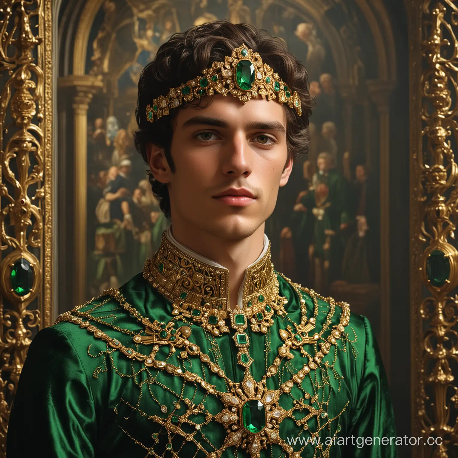 Young-Aristocrat-in-Opulent-Medieval-Attire-with-Emerald-Adornments