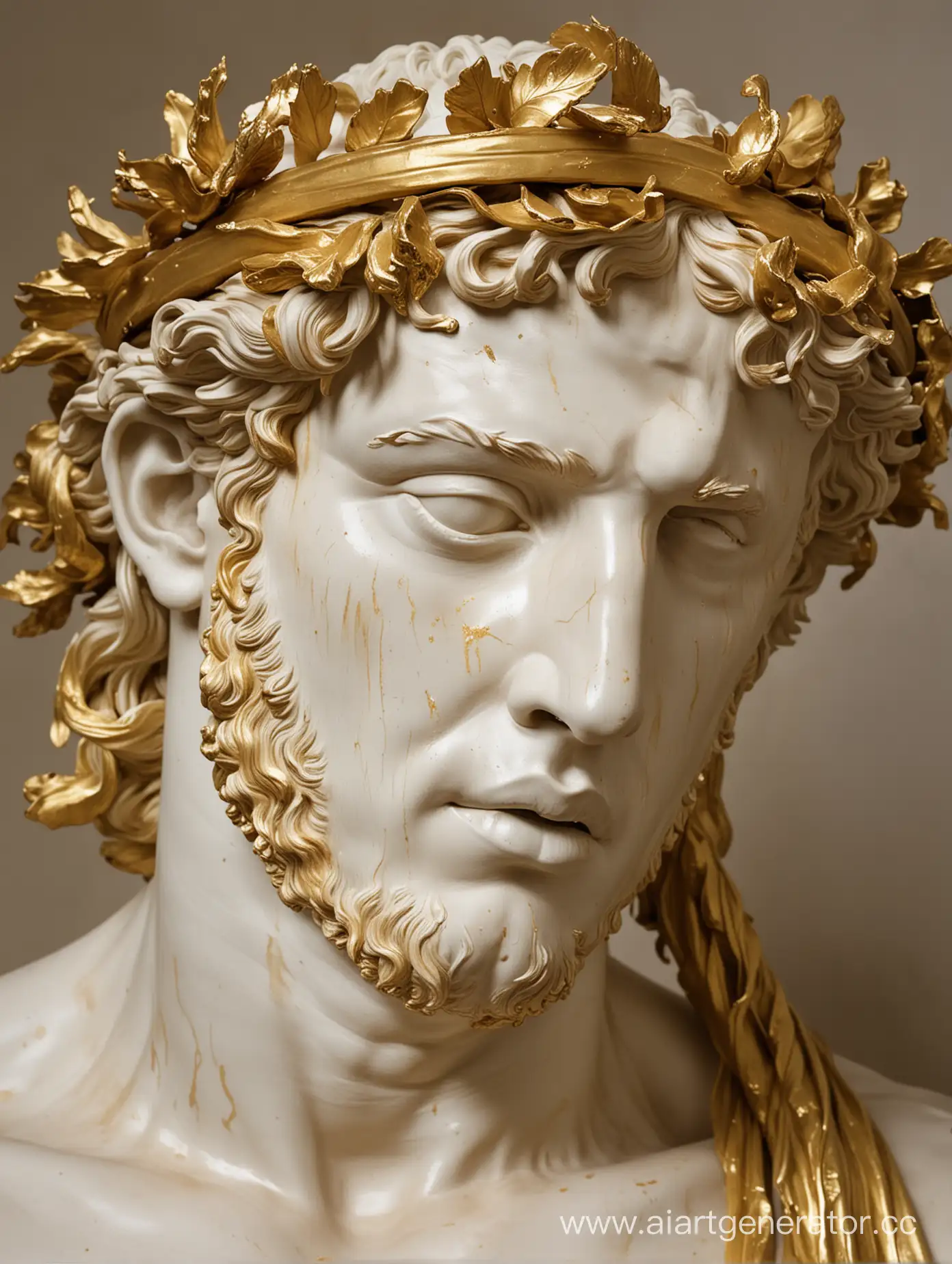 The plaster statue of the head of the young god Dionysus is doused with gold flowing from his hair onto his face.