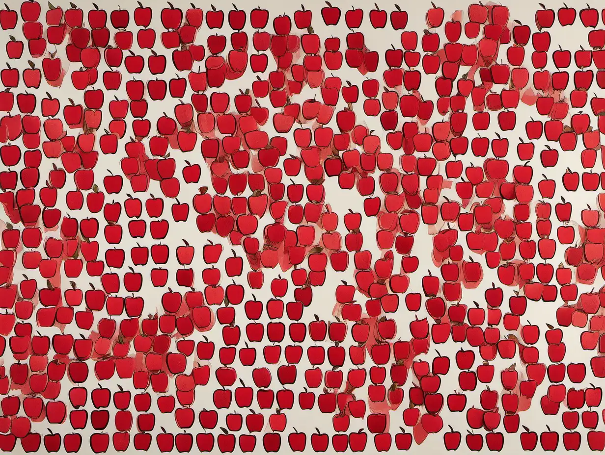 /imagine prompt HAND PRINTED, SIMPLE, DOZENS OF red apples , ANDY WARHOL INSPIRED
