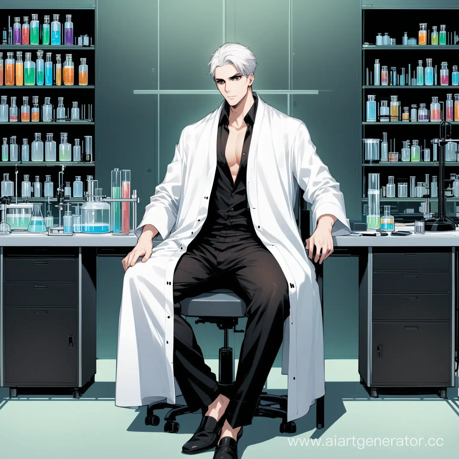 a very tall guy, white short hair, black eyes, dressed in a black pants and a white unbuttoned robe, he is sitting on a chair in the laboratory at a desk
