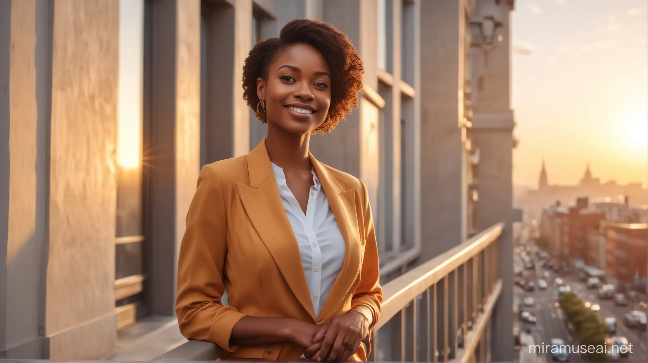 realistic image of a beautiful African American smartly dressed woman standing tall on the balcony of a city building against the backdrop of a beautiful sunrise with a smile on her face while looking on the side