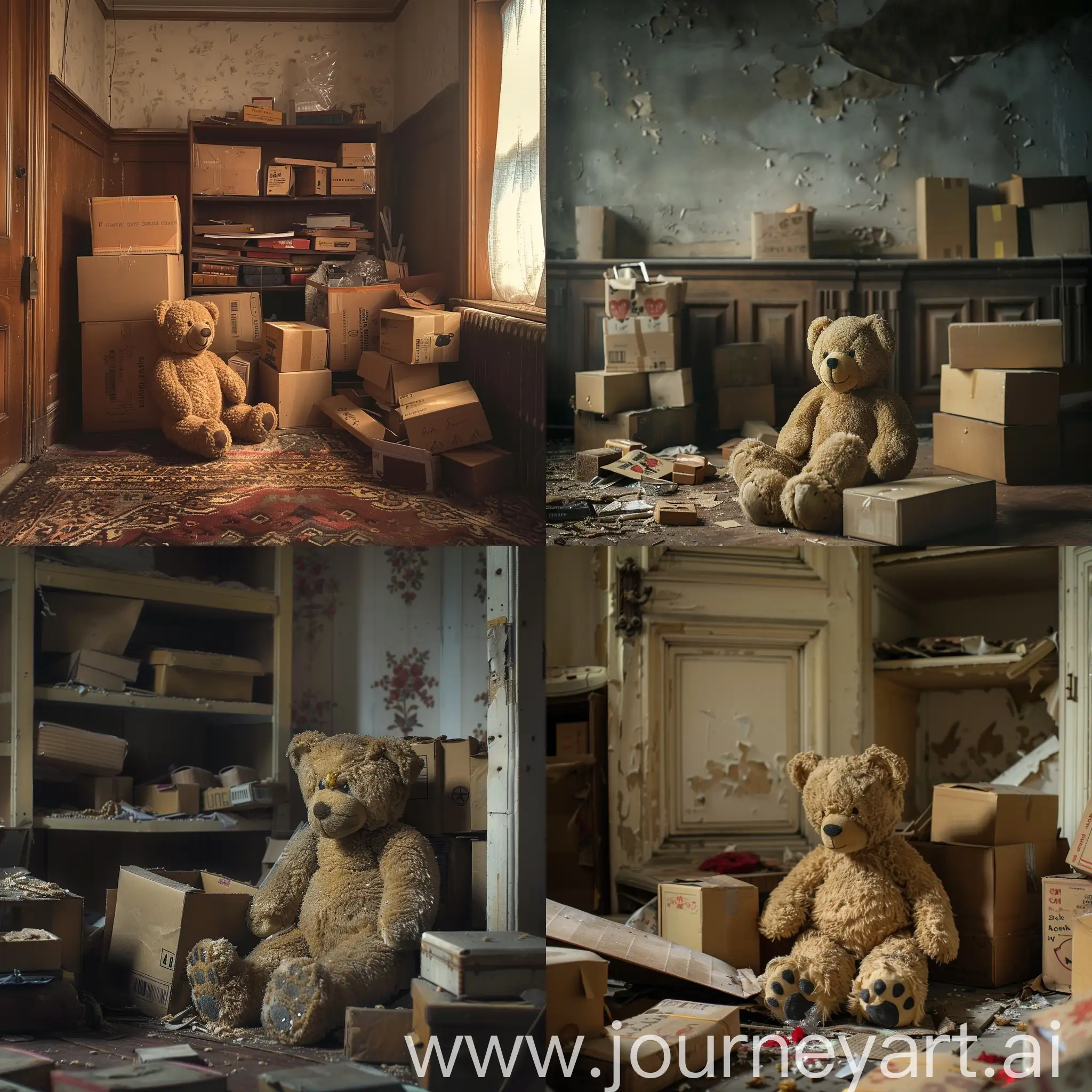 Vintage-Teddy-Bear-in-Dimly-Lit-Room-Surrounded-by-Boxes