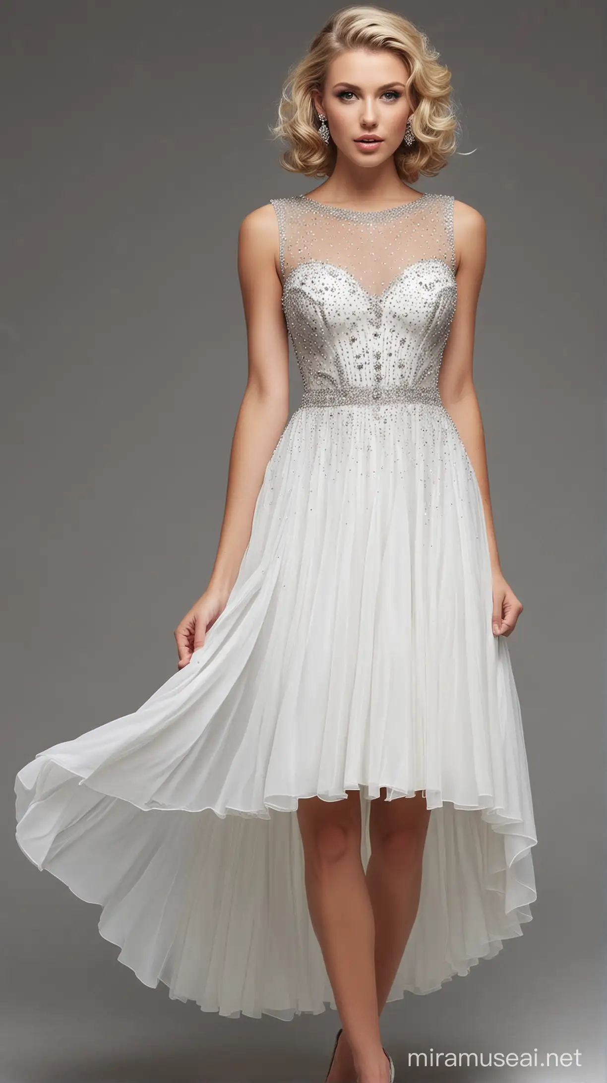 I want same dress with an expensive hair style.

Should be a white lady. The dress should have beautiful crystals because it's a party dress. It must be short or mini and fitting.