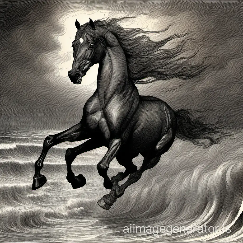 sanguine drawing in the style of Gustave Doré panicked horse purebred Arabian on a beach a stormy day the horse is ridden by a teenager