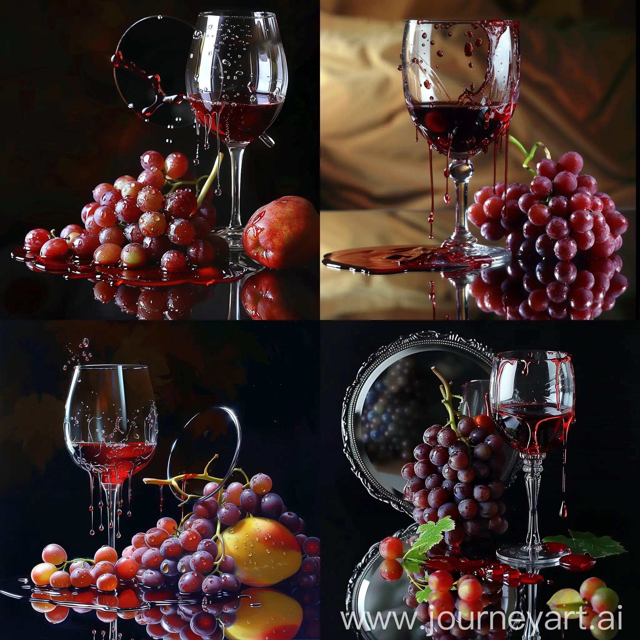 there is a wine glass with a bunch of grapes, red wine, spilling, dripping, fruit juice dripping, beautiful photo, mirror droplet dripping!, Albert Watson photography, surreal glass goblets, photographic hyperrealism, fruit dripping juice, goblet of wine, incredible composition, by Bernat Sanjuan, incredible