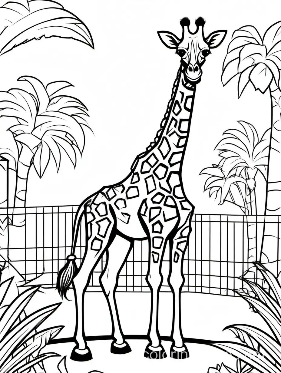 A Giraffe on a Zoo Park, Coloring Page, Coloring Page, black and white, line art, white background, Simplicity, Ample White Space. The background of the coloring page is plain white to make it easy for young children to color within the lines. The outlines of all the subjects are easy to distinguish, making it simple for kids to color without too much difficulty