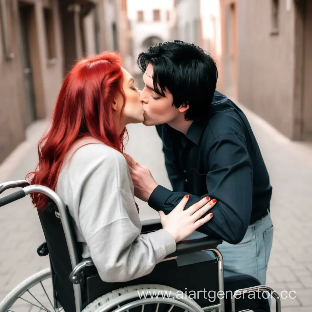 Рыжая девушка на инвалидной коляске целует парня с чёрными волосами