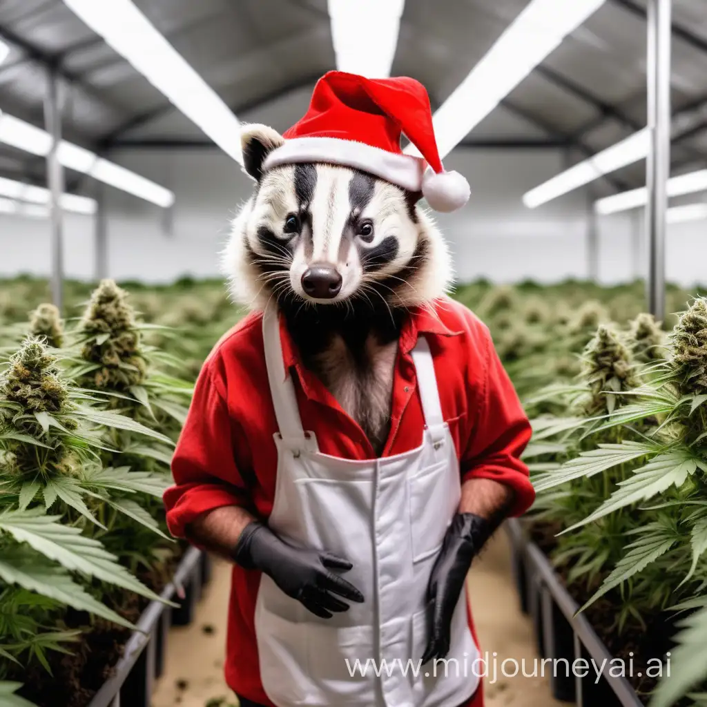 Santa HatWearing Badger Tending Cannabis Farm