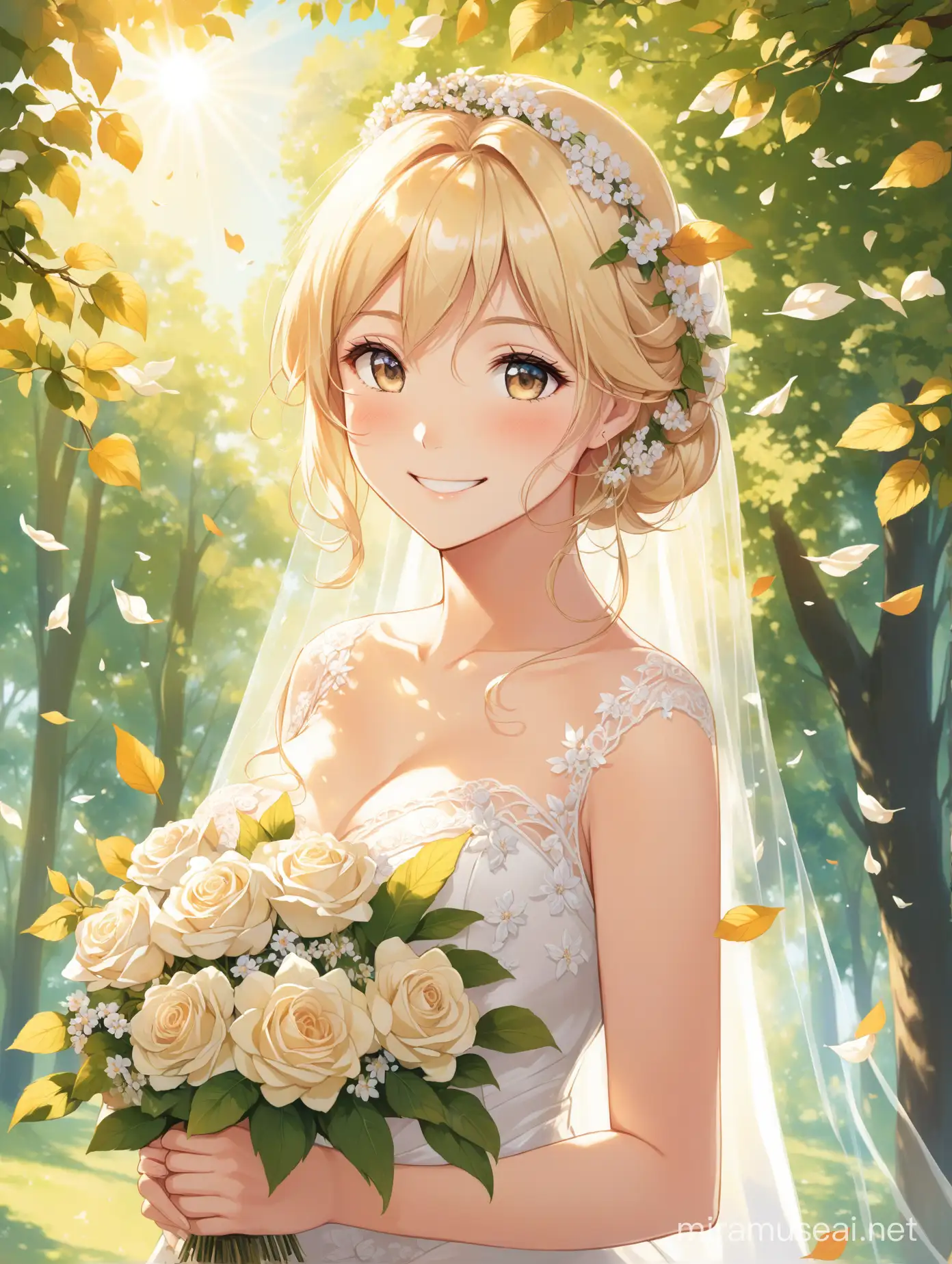 a blond bride smiling while flowers fly arround her half body in a sunny day with trees and sunlight coming trought the leafs